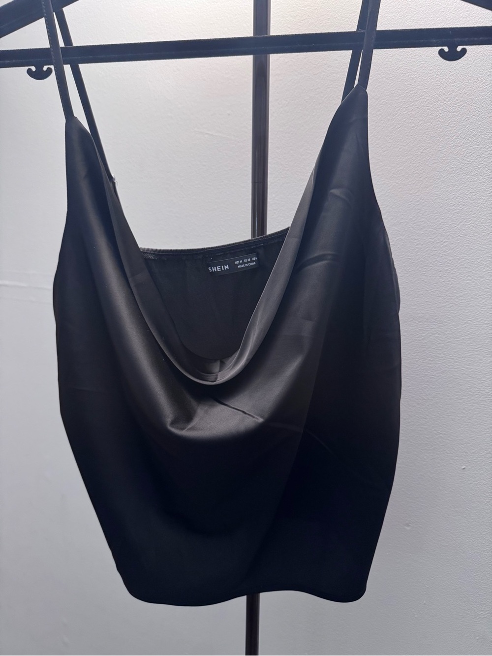 SHEIN Black Satin Draped cropped top